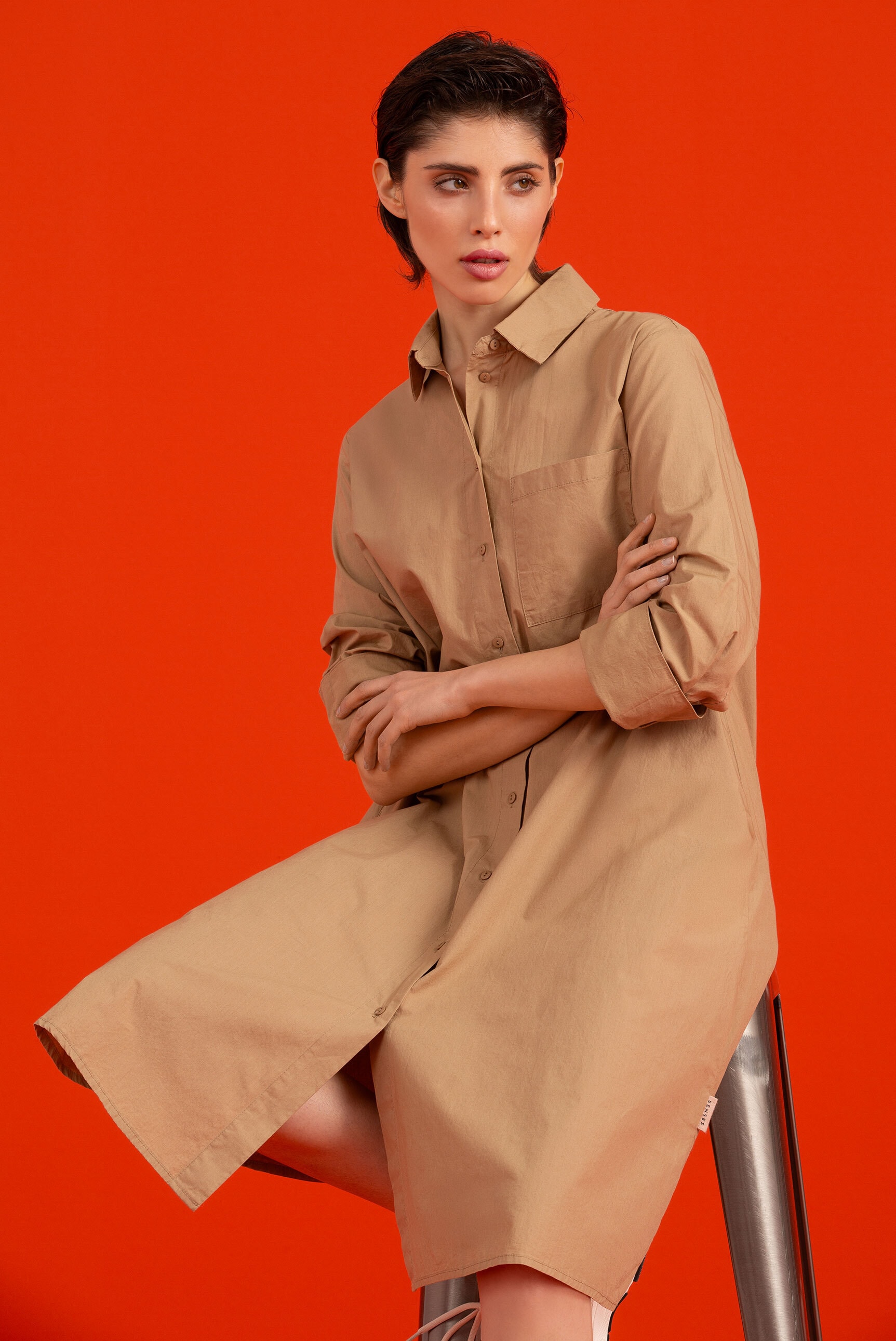 Sommerkleid SENSES.THE LABEL, Damen, Gr. S, US-Größen, beige (natural beige), Material: 100% Baumwolle, unifarben, regular fit Midi, hoch geschlossener Ausschnitt, eingesetzt 1-Knopf-Manschette, Kleider, aus Baumwolle Image