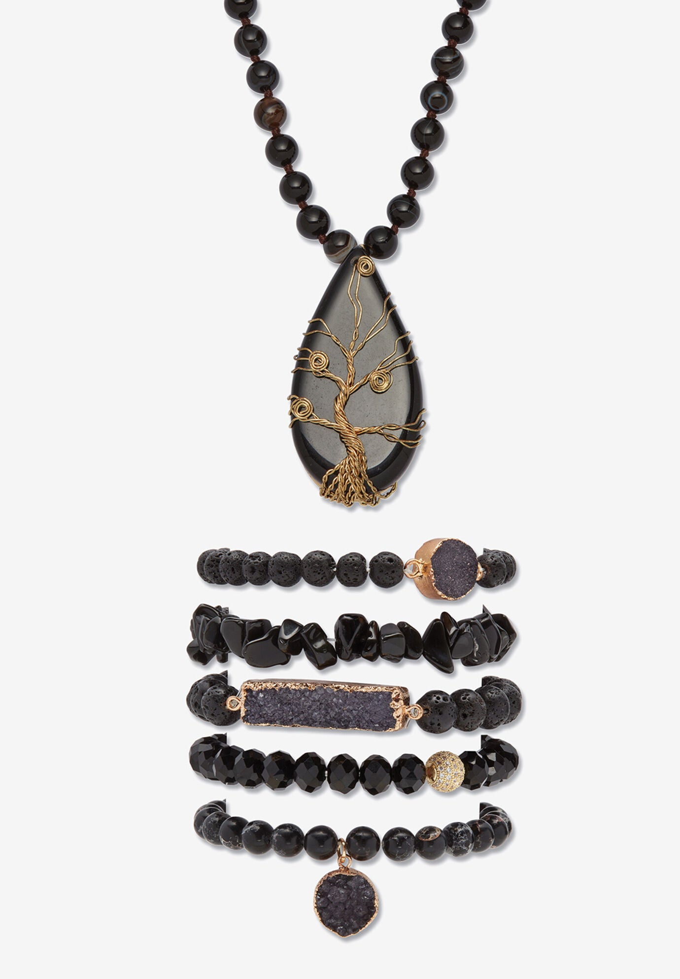 Women's Natural Black Onyx And Genuine Agate Goldtone Necklace And Bracelet Set, 34 Inch by PalmBeach Jewelry in Black