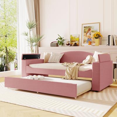 Teddy Fleece Daybed with Storage Armrests, Trundle & Bluetooth