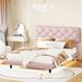 Linen Fabric Floating Platform Bed, Full Wooden Bed with Light Stripe, Button-Tufted Design Headboard, Wood Slat Support, Pink