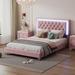 Upholstered Platform Bed, Full Velvet Fabric Wooden Bed Frame with LED Lights & Tufted Headboard, Wood Slat Support, Pink