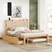 Queen Platform Bed with Trundle & 2 Drawers, Wooden Storage Bed Frame w/Rattan Headboard & Sockets, for Kids Teens Adults,Walnut