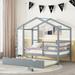 Twin House Bed with Fence & Writing Board, Decoratable Daybed with Trundle, Wooden Platform Bed Frame with Roof, Gray