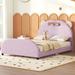 Full Velvet Upholstered Platform Bed Frame with Bear Shaped Headboard and Embedded Light Stripe, Wood Slat Support, Pink