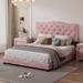 Queen Velvet Fabric Wooden Upholstered Platform Bed Frame with Rivet Design & Tufted Headboard, Wood Slat Support, Pink