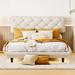 Full Linen Fabric Floating Platform Bed w/Light, Button-Tufted, Beige