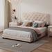 Velvet Fabric Wooden Upholstered Platform Bed Frame with Rivet Design & Tufted Headboard for Bedroom, Wood Slat Support