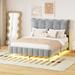 Queen Size Wooden Platform Bed Frame with LED Light, Soft Velvet Fabric and Stylish Mental Bed Legs, Wood Slat Support, Gray