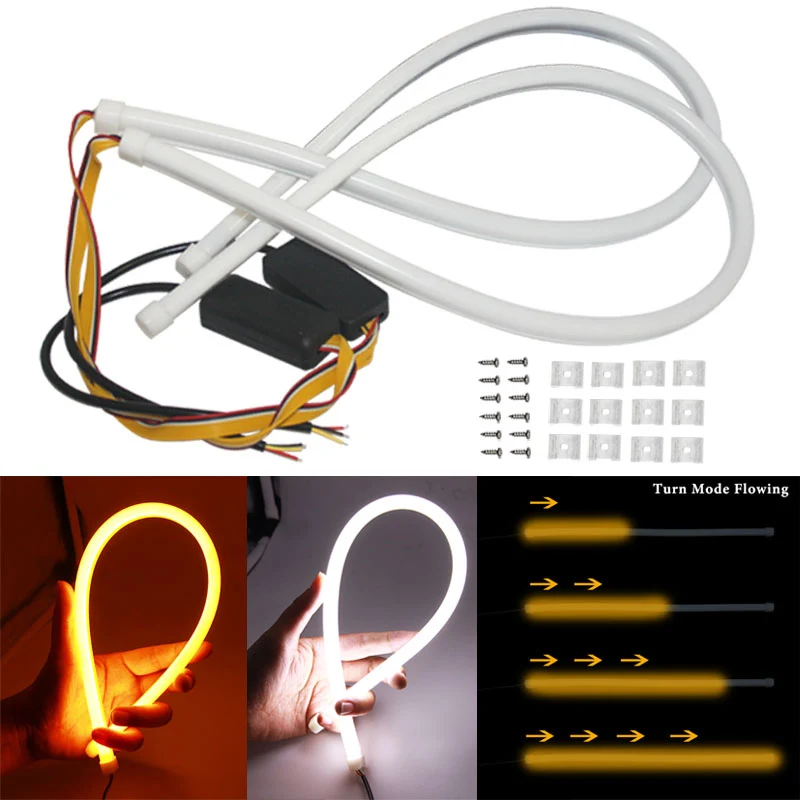 DRL LED Luce di marcia diurna per auto 30cm 45cm 60cm Flessibile giallo che scorre LED Tubo Striscia Indicatore di direzione Luce universale impermeabile