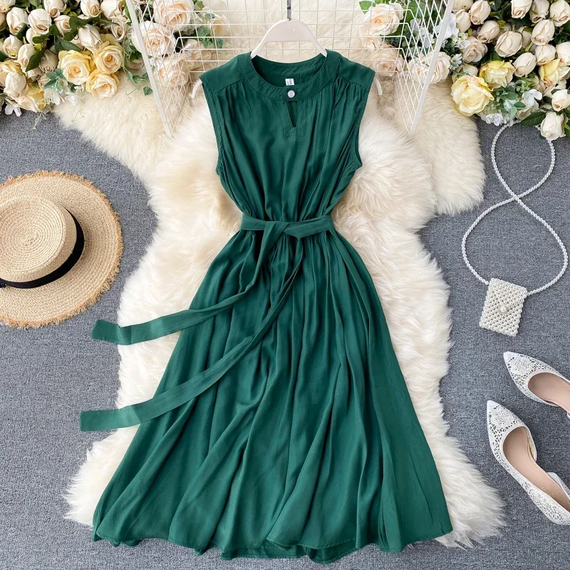 Sommer Solide Grün/Blau/Gelb Casual Kleid Elegante Ärmellose Rundhals Schärpen Kleider Vintage 2024, Neue Mode Vestido verano