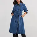 Frühling Herbst Frauen Denim Trench Gürtel an der Taille Jeans Mäntel Zweireiher Damen lange Jacken