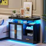 GEROBOOM LED Sideboard Buffet Cabinet with Modern White Coffee Cabinet with Charging Station High Gloss Kitchen Cabinet with Auto Sensor 24-Color Lights for Dinning Room