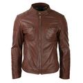 Mens Black Tan Brown Zipped Biker Jacket Classic Chest Pocket Rider Club