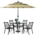 durable VILLA 7 Piece Outdoor Dining Set with Umbrella for 6 60\u201D Rectangular Metal Dining Table & 6 Stackable Metal Chairs & 13ft Large Beige Umbrella for Outdoor Deck Yar