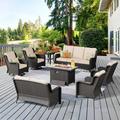 Vcatnet Direct 8 Pieces Outdoor Patio Furniture Sectional Sofa All-weather Conversation Set with Swivel Rocking Chairs and Fire Pit Table for Garden Poolside Beige
