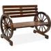 LANSHENG 2-Person Wooden Wagon Wheel Bench for Backyard Patio Porch Garden Outdoor Lounge Furniture w/Rustic Country Design Slatted Seat and Backrest - Brown