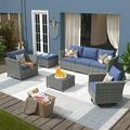 Vcatnet Direct 7 Pieces Outdoor Patio Furniture Sectional Sofa All-weather Conversation Set with Swivel Rocking Chairs and Coffee Table for Garden Poolside Denim blue