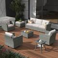 Vcatnet 9 Pieces Outdoor Patio Furniture Sectional Sofa All-weather Conversation Set with Swivel Rocking Chairs and Coffee Table for Garden Poolside Beige