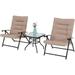 3 PCS Patio Bistro Set Outdoor Furniture Folding Chairs Set with Beige Cushions 2 Adjustable Reclining Chairs & 1 Tempered Glass Coffee Table