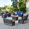 Vcatnet 8 Pieces Outdoor Patio Furniture Sectional Sofa All-weather Conversation Set with Swivel Rocking Chairs and Fire Pit Table for Garden Poolside Navy blue