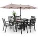 durable & William Patio Dining Set for 6 with 13ft Double-Sided Patio Umbrella 8 Piece Metal Outdoor Table Furniture Set - 6 Outdoor Chairs 1 Rectangle Dining Table and 1 Large Beig