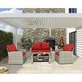 4 Piece Patio Furniture Set Outdoor Rattan Chairs Outdoor Wicker Patio Living Room Furniture Set Patio Table and Chairs for Outdoor Garden Poolside Balcony and Yard (Grey/Red)