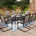 durable 5 Piece Metal Patio Armrest Dining Rocker Chairs and Larger Square Table Set 37 Square Bistro Metal Steel Slat Table and 4 C Spring Motion Textilene Metal Rocker Chairs