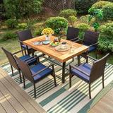 durable & William 6 Pieces Patio Dining Set for 6 4 PE Rattan Chairs and 1 Rectangular Acacia Wood Table and 1 Bench Outside Table and Chairs with Cushions Outdoor Furniture for De