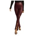 Ladies Lightweight Pants Pu-leather Pant Solid Color Slit Legs High Waist Solid Color Sexy Trouser Fashion Relaxed-Fit Casual Business Long Trousers Soft Wide-Leg Dress Golf Regular Outdoor Slacks