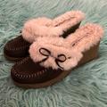 American Eagle Outfitters Shoes | Fur Lined Wedge Slides 8 Moccasin Clogs Brown Vegan Suede Faux Sheep Whip Stitch | Color: Brown/Cream | Size: 8