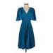 Express Casual Dress - A-Line V Neck 3/4 sleeves: Teal Print Dresses - Women's Size X-Small Petite