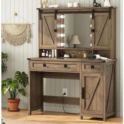 Makeup Vanity with Lights & Barn Doors Vanity Desk Charging Station