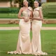 Champagne Satin Bridesmaid Dresses Beaded Long Wedding Party Dress for Women One Shoulder See