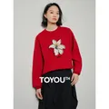 TOYOUTH Women Sweater 2024 Spring 3D Lily Flower Embroidery Long Sleeve Round Neck Loose Knitwear