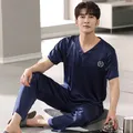 Casual V Neck Solid Silk Satin Pajamas Men's Pijama Sets Summer Breathable Short Sleeve Sleep Tops