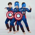 Captain America Costume Kids Superhero Captain America Muscle Cosplay Jumpsuit Shield Halloween