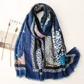 Fashion Navy Blue Leopard Floral Fringe Viscose Shawl Women High Quality Print Wrap Pashmina Stole