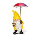 Trinx Ericia Gnome w/ Umbrella & Bird Garden Statue Resin/Plastic/Metal in Black/Brown/Yellow | 13.5 H x 7 W x 6 D in | Wayfair