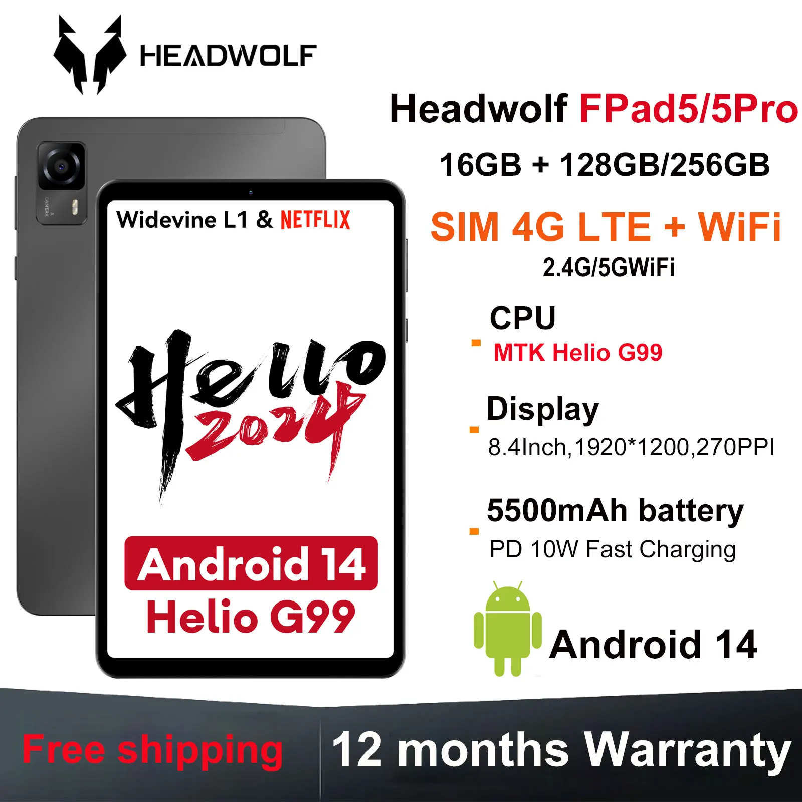 Headwolf fpad5/pro android 14 tablet 8,4 zoll max 16gb ram 128gb/256gb ufs 2,1 octa-core g99 tablet pc mah widevine l1 Image
