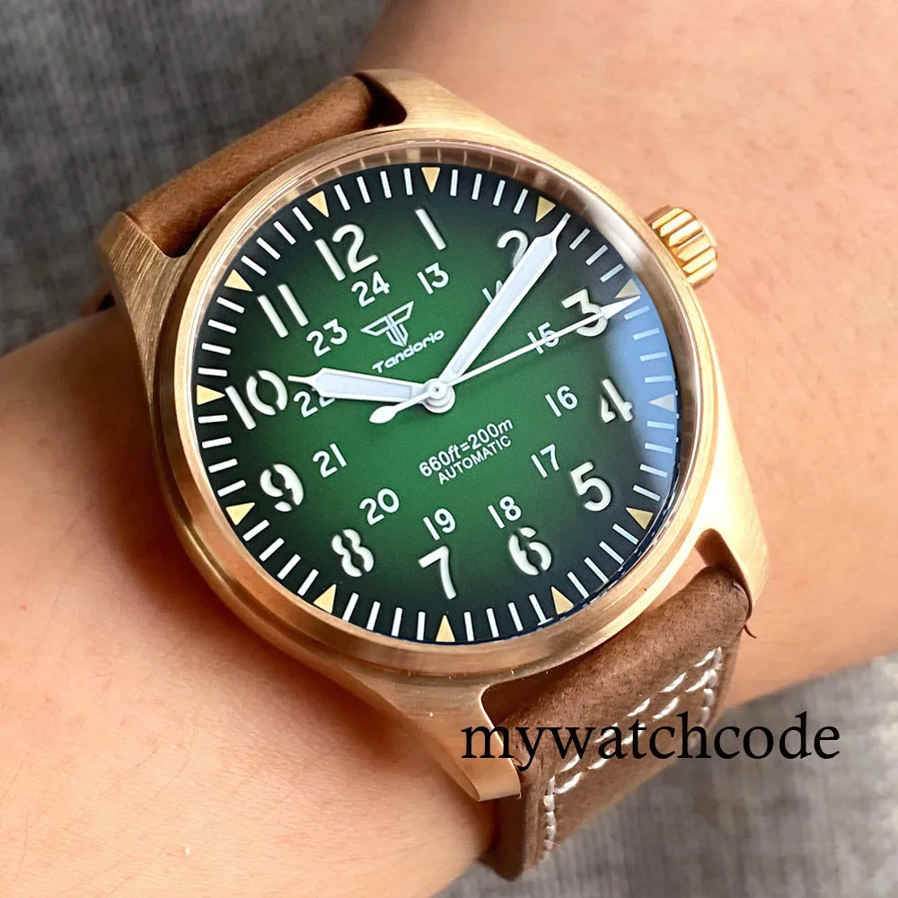 Tandorio CuSn8 Echte Bronze NH35A PT5000 Dive Mechanische Uhr Männer Vintage Pilot Armbanduhr 20bar Sport Uhr Sunburst Grün/rot