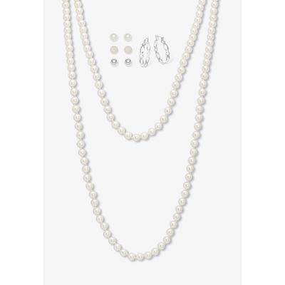 Women's Simulated Pearl Silvertone Endless Necklace And Earrings Set, 70 Inches by PalmBeach Jewelry in Silver