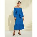 Women's Cotton Linen Dress Blue 52cm Solid / Plain Color Flounced With Belt Cold Shoulder Spring Summer Off Shoulder Dresses S M L