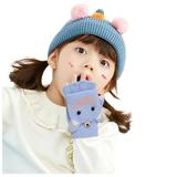 Dyfzdhu Convertible Flip Top Gloves Winter Wool Cashmere Cartoon Half Finger Gloves With Mitten Cover For Toddler Kids Girls Boys Blue