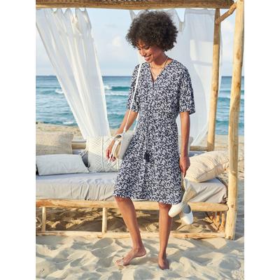 Druckkleid HEINE "Druck-Kleid", Damen, Gr. 40, Normalgrößen, blau (marine, ecru, bedruckt), 100% Viskose, geblümt, gemustert, mehrfarbig, bedruckt, kurz, V-Ausschnitt, Kurzarm, Kleider Image