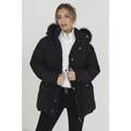 Brave Soul Womens Black 'Narla' Mid Length Puffer Parka With Faux Fur Hood - Size 14 UK