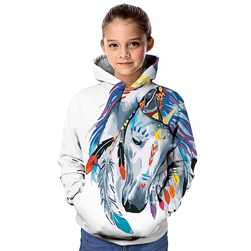Mädchen 3D Pferd Kapuzenshirt Langarm 3D-Druck Herbst Winter Aktiv kinderkleidung 3-12 Jahre Outdoor Täglich Image