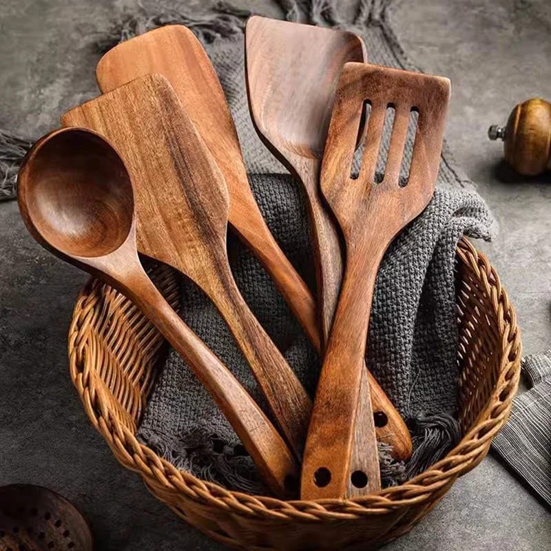 Spatules en bois de teck, ustensiles de cuisine, ustensiles de cuisine, spatule en bois écologique pour ustensiles de cuisine antiadhésifs