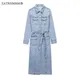 ZATRHMBM-Robe en Denim avec Ceinture pour Femme Vintage Manches sulf Boutonnée Décontractée