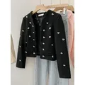 2023 Autumn Women Black Tweed Jacket Coat Elegant Ladies Fashion Heart Design Woolen Blends Short