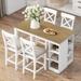 5-Piece Counter Height Dining Set with 3-Tier Storage Shelves, Solid Wood Rectangular Kitchen Table, 4 Linen Upholstered Chairs